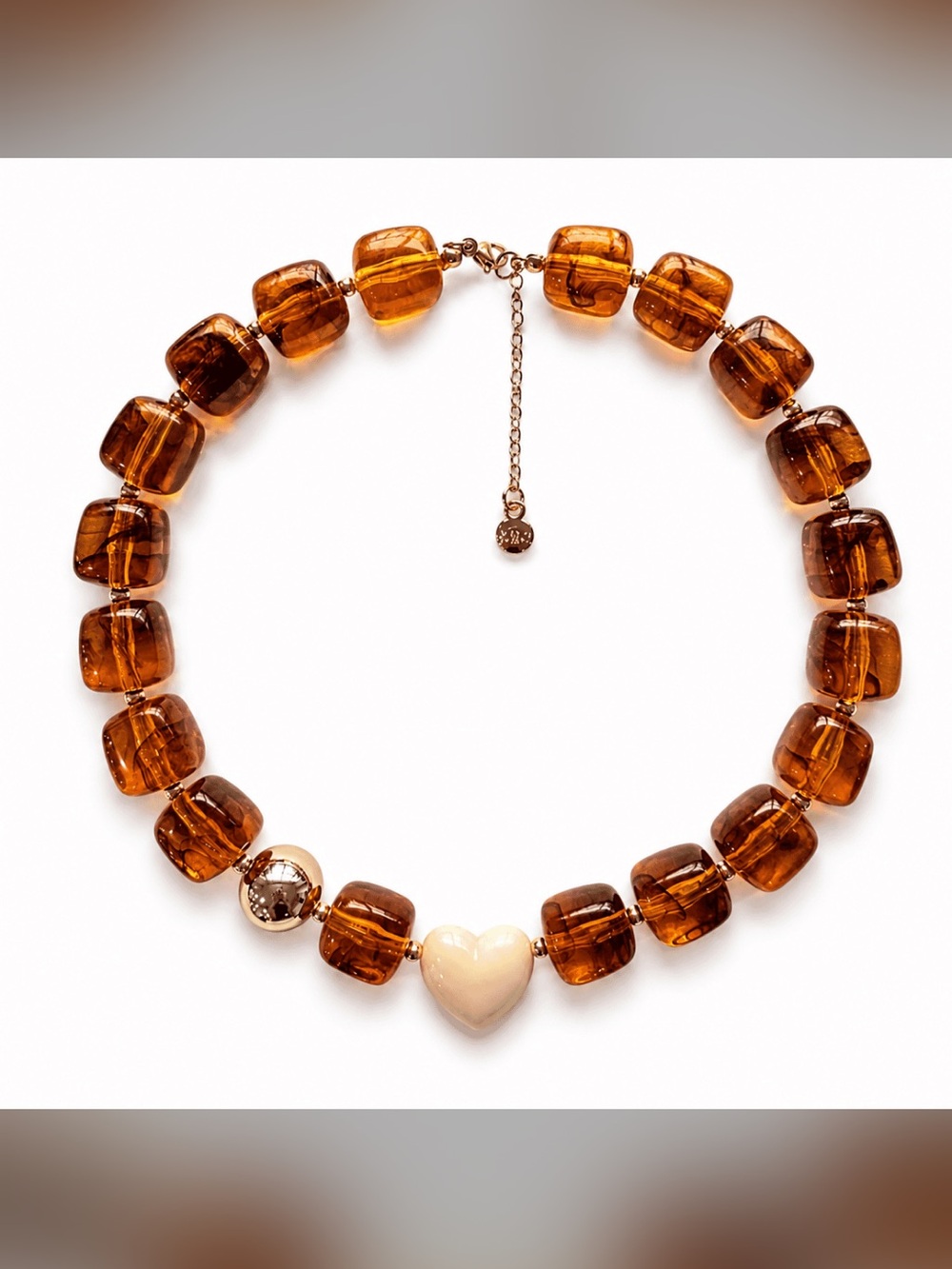 Mayamar Amber Block Bead Necklace with Cream Heart Pendant (nwt)
